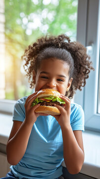 cheerful smiling black african american little girl with big hearty burger, child eating enjoying homemade hamburger in sunny kitchen at home .