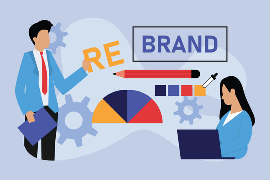 Business people rebranding as marketing strategy, change of brand identity 2d vector illustration