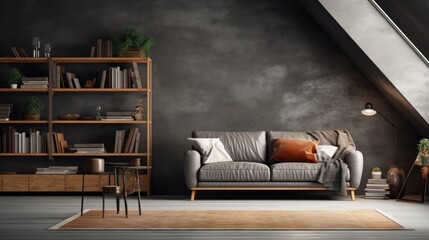 Sofa and lounge chair against grey wall with rustic shelves. Scandinavian home interior design of modern living room in attic