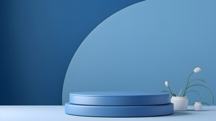 Background With Shadow Photos & Images,,
Minimalist blue podium wall with a plant and a round white object in the corner