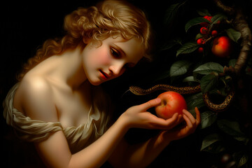 The critical moment in Eden with Eve reaching for the forbidden fruit, under the serpent's sly gaze, as paradise stands on the cusp of change.