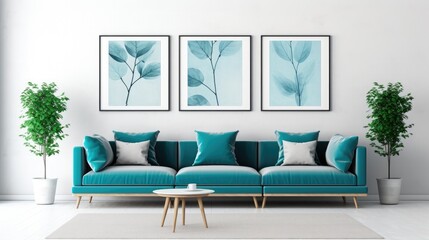 Teal sofa and three frames on white wall. Scandinavian home interior design