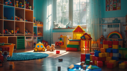 a vibrant playroom wonderland with showcasing an abundance of colorful toys, blocks, and other playful items. for conveying the joy and creativity of childhood, a lively and interactive kid's space - obrazy, fototapety, plakaty