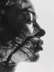 black and white portrait of a person. Double exposure woman.