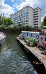London - 29 05 2022: Lisson Grove Pier with moored houseboats.