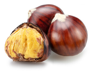 Raw chestnuts isolated on white background. Portuguese traditional snack autumn street food.