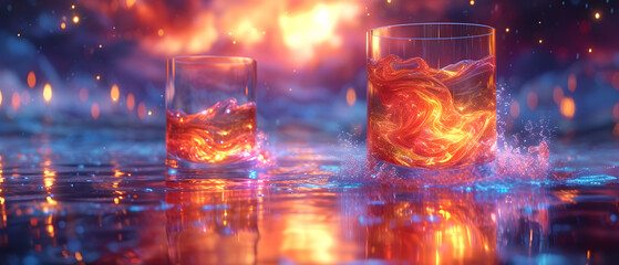 Two Glasses Filled With Liquid Sitting on Top of a Table - obrazy, fototapety, plakaty