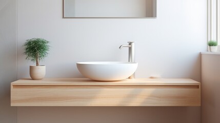 Wall mounted vanity with white ceramic vessel sink. Interior design of modern scandinavian bathroom