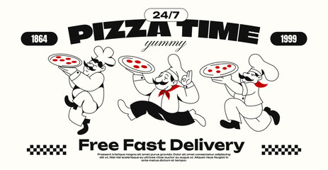 Cartoon characters chefs pizza delivery man in retro 90s style. Vintage poster, fast food online ordering. Vector logo of a pizzeria with a man in an apron © Limpreom