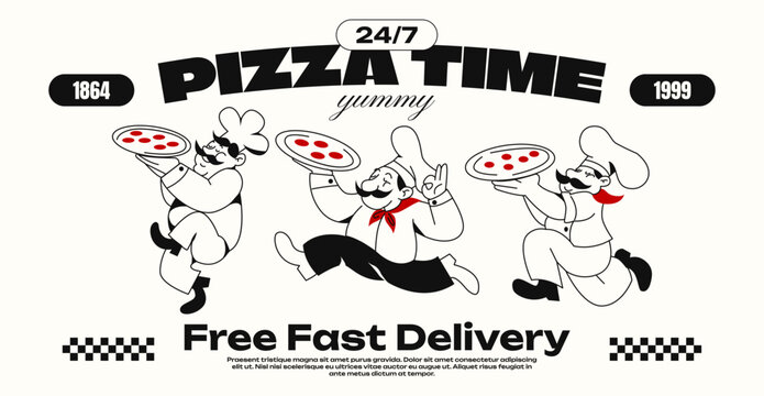 Cartoon characters chefs pizza delivery man in retro 90s style. Vintage poster, fast food online ordering. Vector logo of a pizzeria with a man in an apron - Powered by Adobe