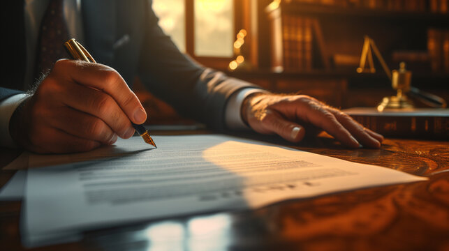 A close-up image of a lawyer's hands holding a pen poised to sign a contract.