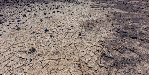Dry cracked clay in the dry hot stone Mojave Desert in California in Death Valley NP
