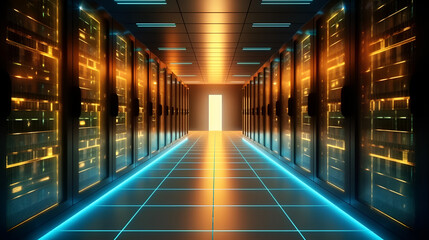 Shot of Corridor in Working Data Center Full of Rack Servers, Hosting Servers Room, Servers Room, High Internet Visualization Projection, Generative Ai