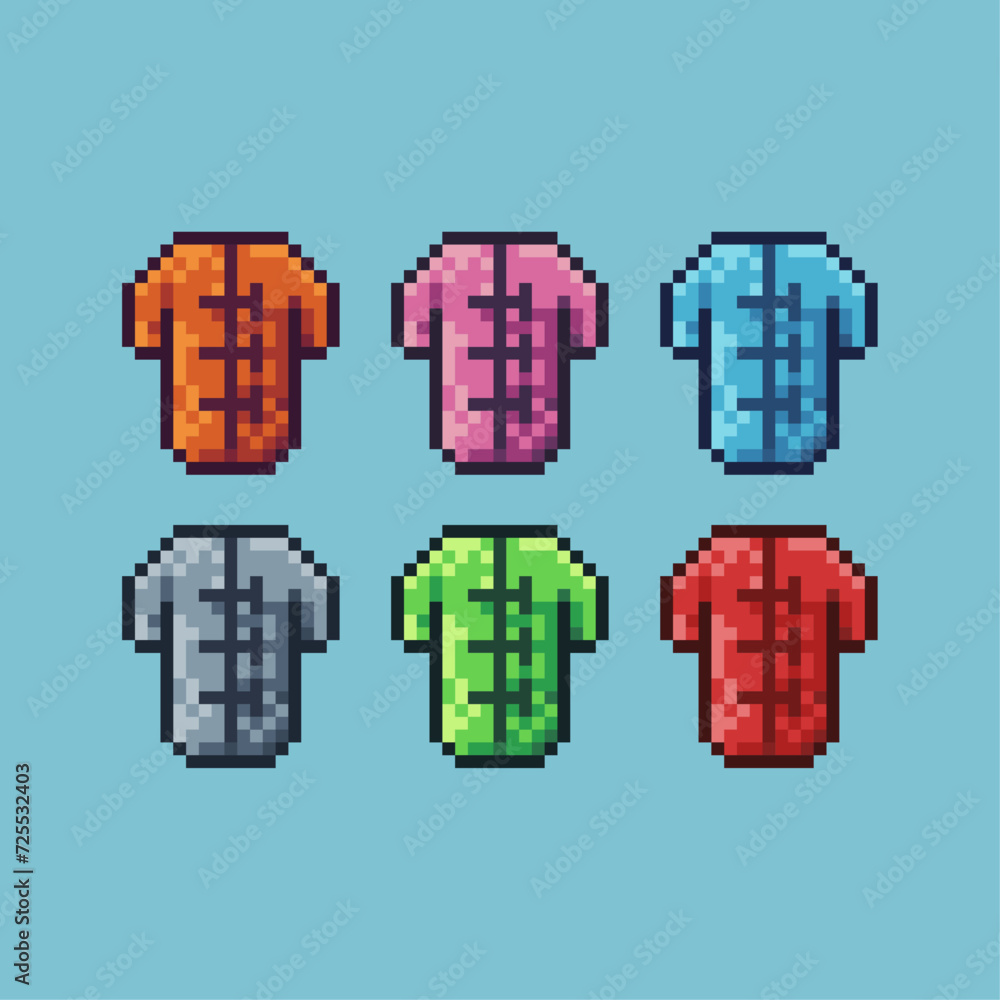 Poster pixel art sets icon of lunar shirt variation color.chinese shirt icon on pixelated style. 8bits perf
