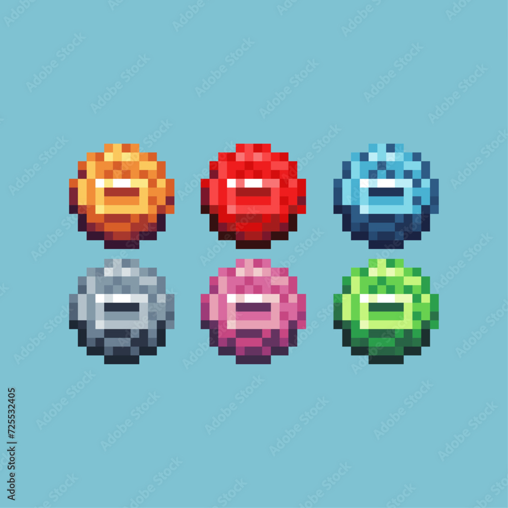 Poster pixel art sets icon of money yuan variation color.lunar coin icon on pixelated style. 8bits perfect 