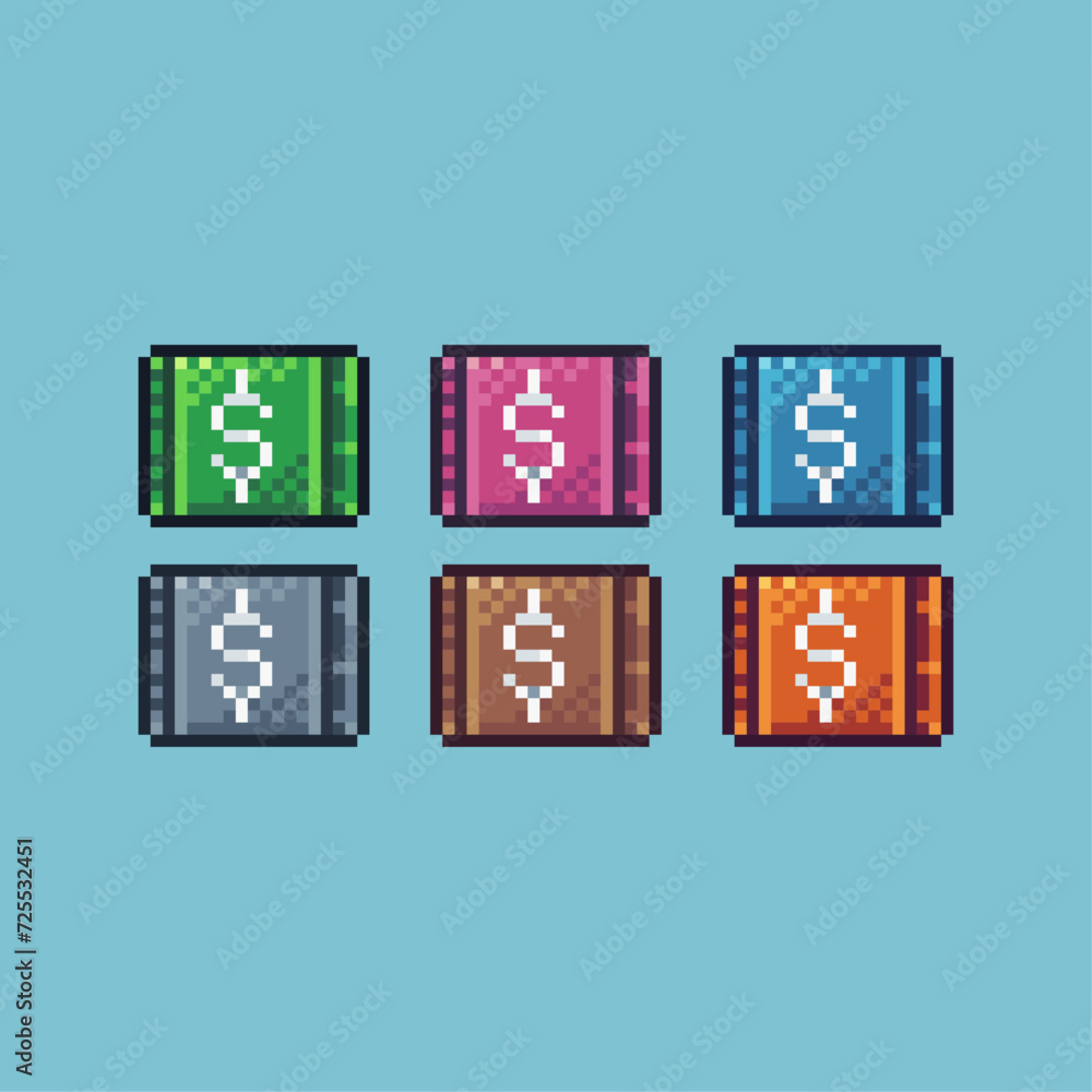 Poster pixel art sets icon of money paper variation color.dollar paper icon on pixelated style. 8bits perfe