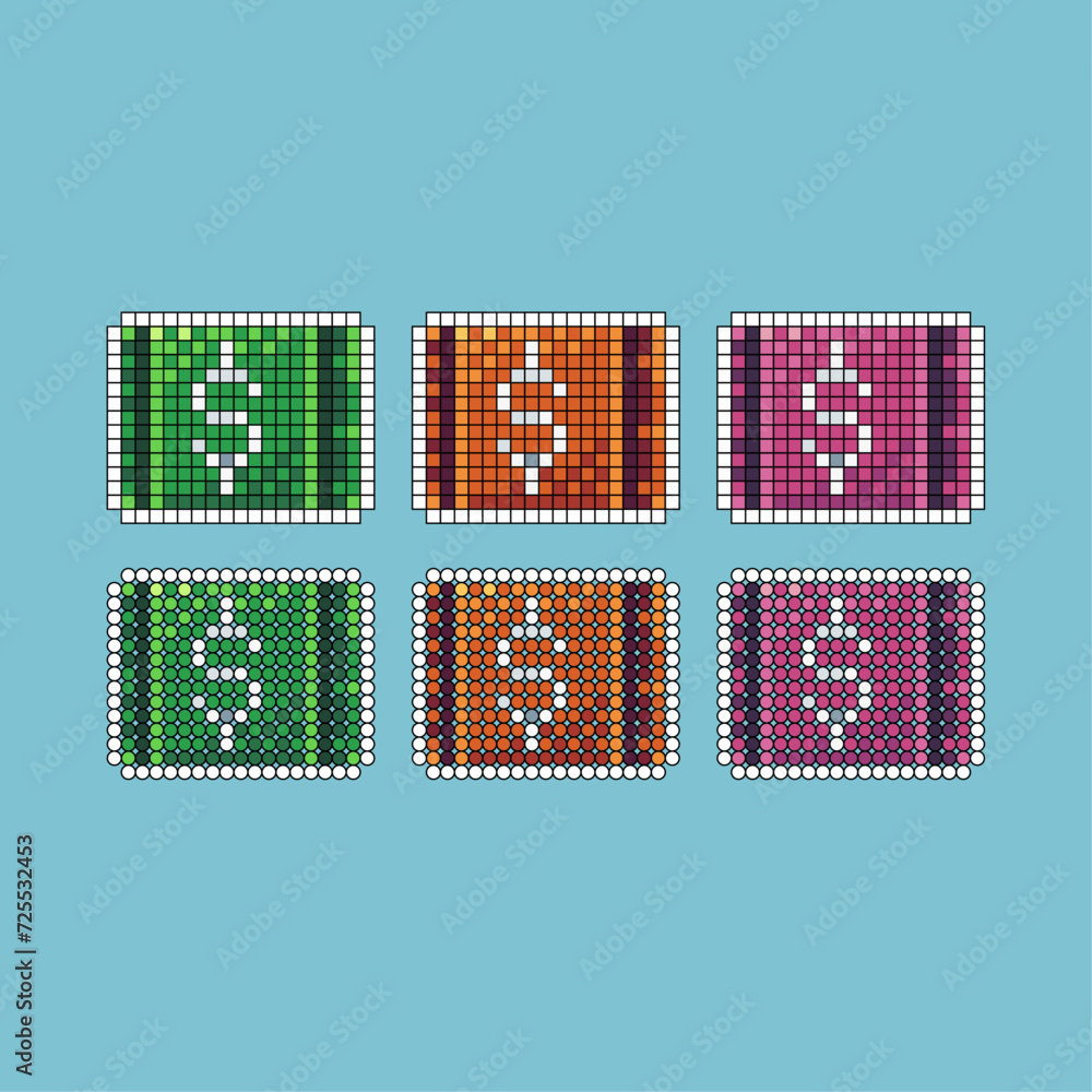 Poster pixel art stroke sets icon of money paper variation color.dollar paper icon on pixelated style. 8bit