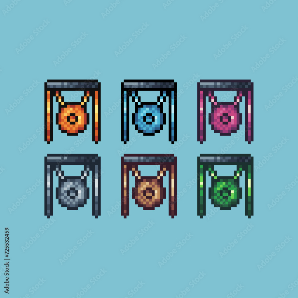 Poster pixel art sets icon of gong music variation color. lunar gong icon on pixelated style. 8bits perfect