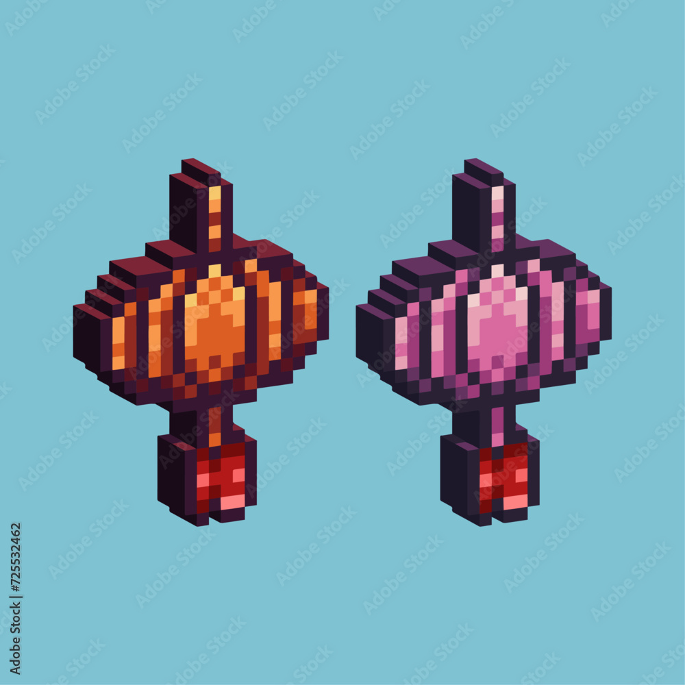 Poster isometric pixel art 3d of lunar lantern icon for items asset. chinese lantern icon on pixelated styl