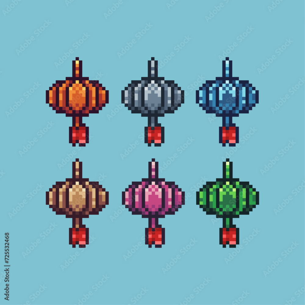Poster pixel art sets icon of lunar lantern variation color. lantern icon on pixelated style. 8bits perfect