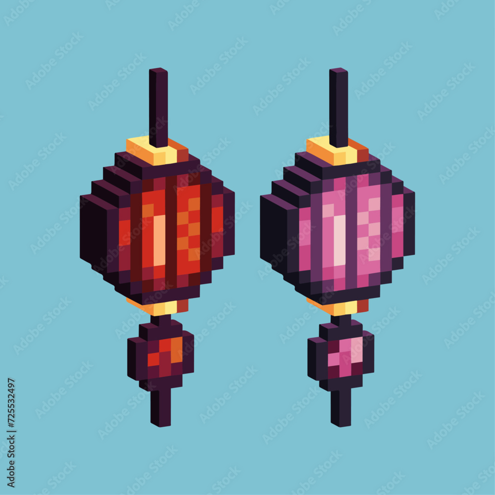 Poster isometric pixel art 3d of lunar lantern icon for items asset. chinese lantern icon on pixelated styl
