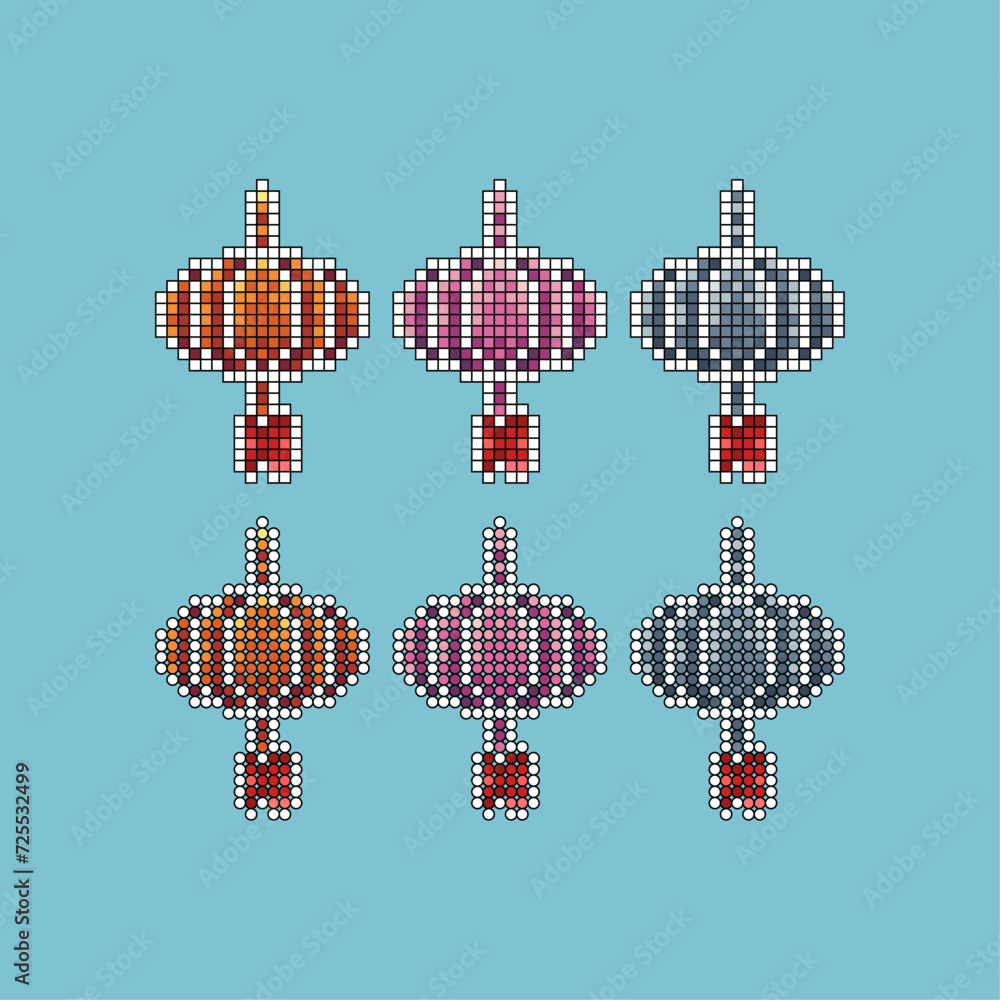 Poster pixel art stroke sets icon of lunar lantern variation color. lantern icon on pixelated style. 8bits 