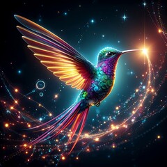 Obraz premium Shining colorful hummingbird flying isolated black background neon colors 