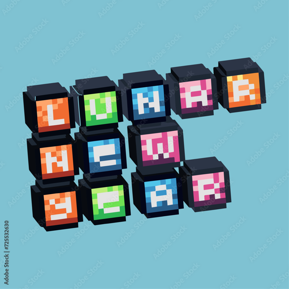 Poster isometric pixel art 3d of lunar new year button icon for items asset. lunar new year icon on pixelat