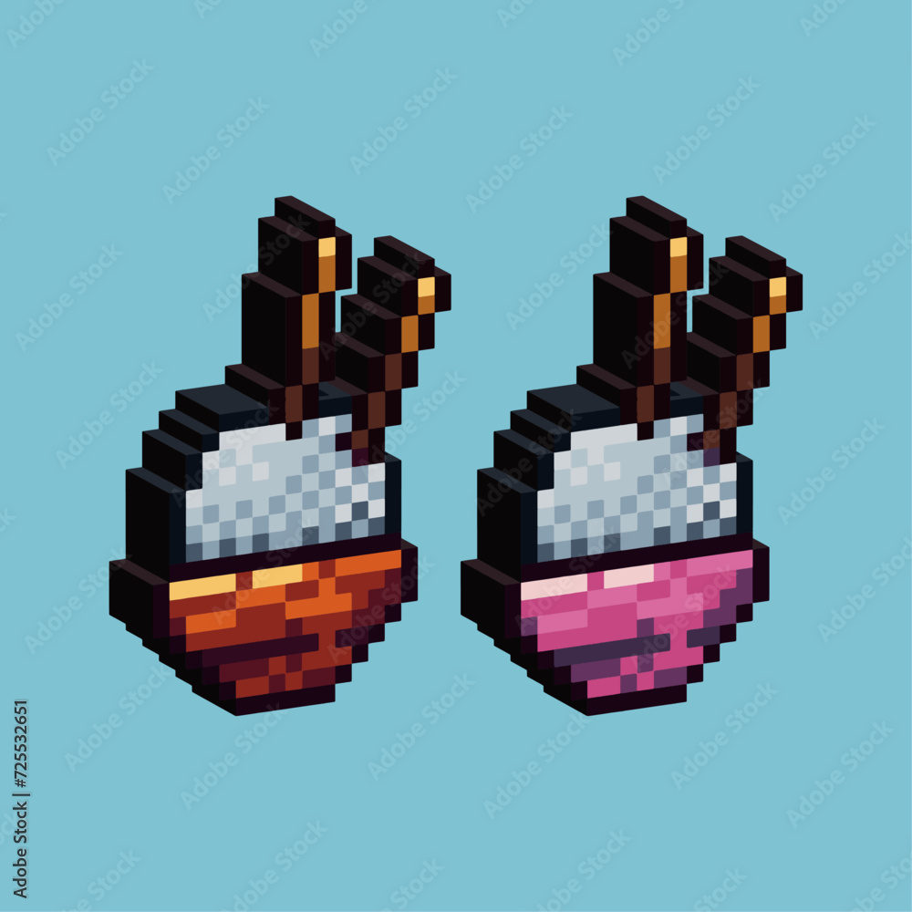 Poster isometric pixel art 3d of rice bowl icon for items asset. rice bowl icon on pixelated style.8bits pe