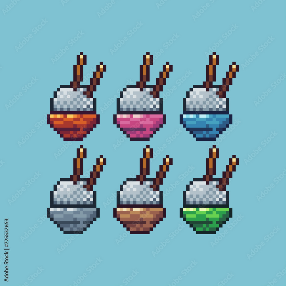 Poster pixel art sets icon of rice bowl lunar variation color. rice icon on pixelated style. 8bits perfect 