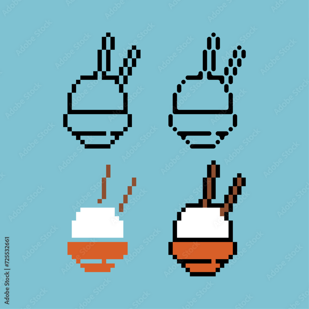 Poster pixel art outline sets icon of rice bowl lunar variation color. rice icon on pixelated style. 8bits 