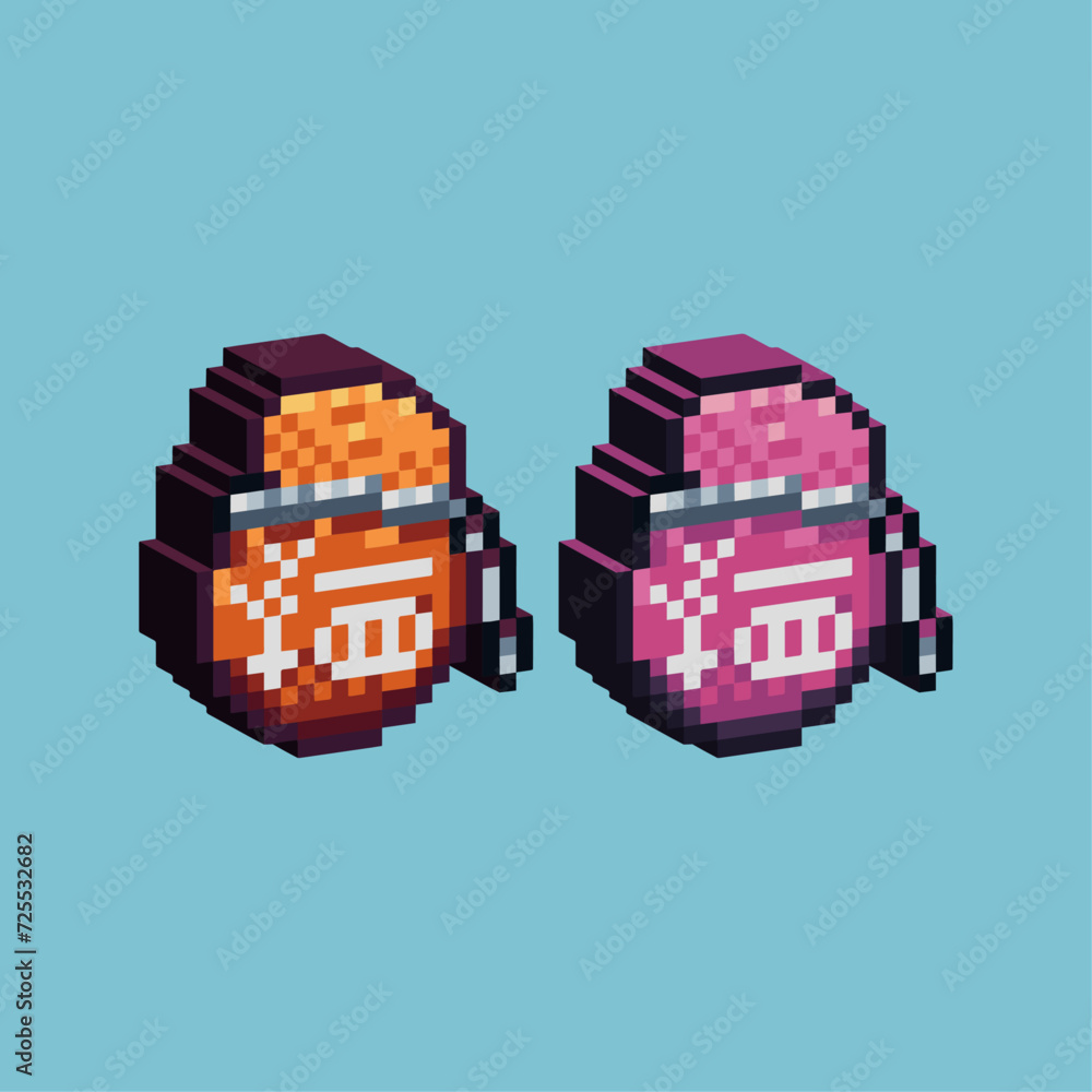 Poster isometric pixel art 3d of coin bags icon for items asset. money coin pouch icon on pixelated style.8