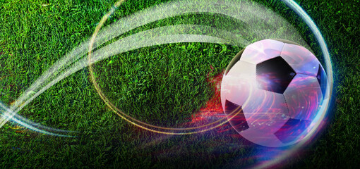 Europe EM 2024 Football Soccer ball on green grass with light motion tripling. Playing the football...