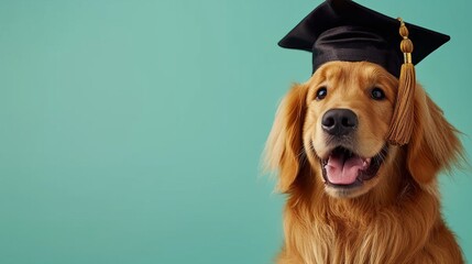 Funny dog in graduation cap on pastel background with copy space for text placement