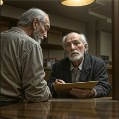 elderly men pensioners or retirees in the bank performing banking actions.​