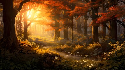 Panoramic image of a path through a forest in autumn.
