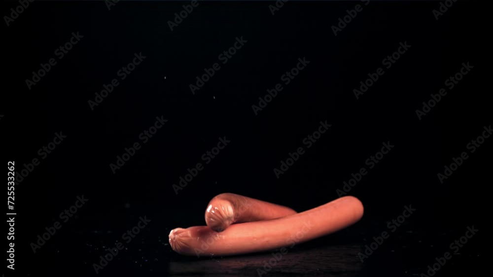 Sticker fresh sausages fall on a wet black table. filmed on a high-speed camera at 1000 fps. high quality fu