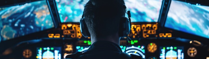 Close-up of a pilot in a cargo plane cockpit, screens showing global flight routes for logistics