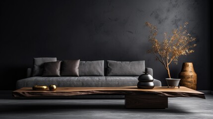 Wooden live edge coffee near grey corner sofa against black wall with copy space. Japanese style home interior design of modern living room