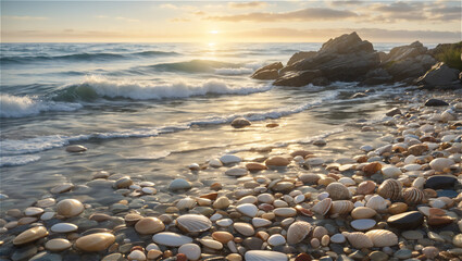 Serene Sunset at a Pebble-Strewn Beach With Gentle Waves and Cloudy Skies
