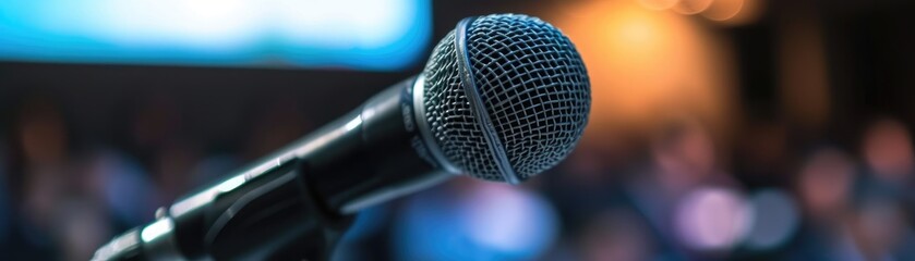 Zoomed-in image of a microphone at an international economic conference, speaker in the background