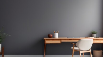 Workplace with white chair at wooden drawer writing desk against of window near dark grey wall Interior design of modern scandinavian home office