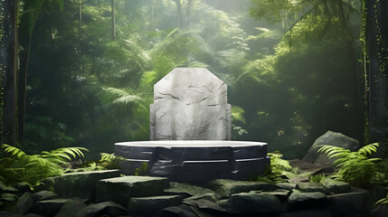 Photo realistic Rock podium in tropical forest for product presentation Behind is a view of the sky
