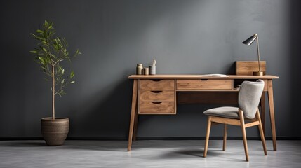 Workplace with white chair at wooden drawer writing desk against of window near dark grey wall Interior design of modern scandinavian home office - obrazy, fototapety, plakaty