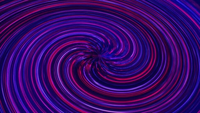 Abstract neon spiral. Bright glowing swirling rays. Stream neon lines form spiral shape. Seamless loop abstract background.