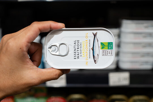 PENANG, MALAYSIA - MAY 30, 2023: Hand holding can of Essential Waitrose & Partners brand Sardines with grocery store shelves background