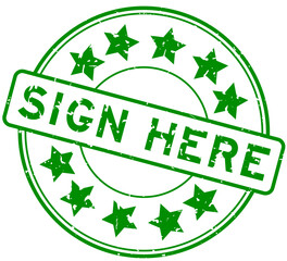 Grunge green sign here word with star icon round rubber seal stamp on white background