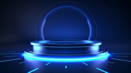 Dynamic futuristic 3d blue cylinder podium in sci-fi dark blue abstract room with glowing semi-circle neon lights - vector rendering