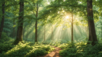 Serene Morning Light Filtering Through The Canopy of A Lush Forest Path