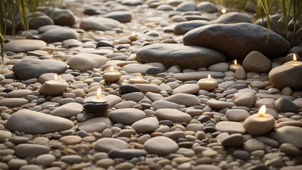 Golden Hour Illumination on Smooth Pebbles at a Tranquil Beach